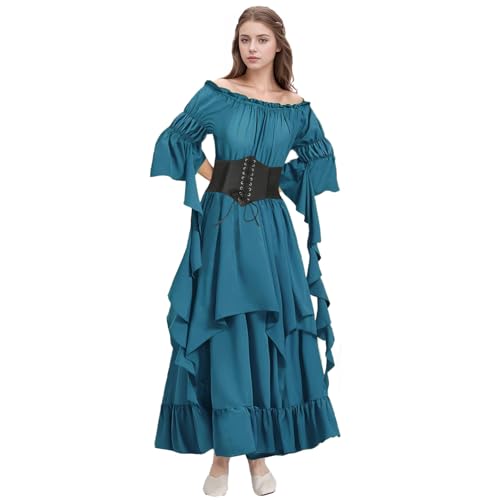 Renaissance Dress Women Gothic Witch Dress Medieval Ruffle Victorian High Low Dress Costume Set with Corset Belt
