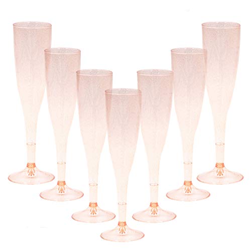 Homy Feel Rose Gold Glitter Plastic Champagne Flutes 30 Pack, 6.5 OZ Disposable Plastic Wine Glasses, Reusable Champagne G...