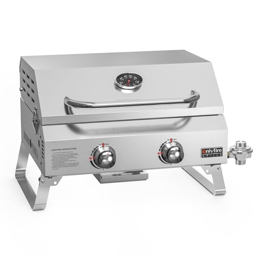 Onlyfire Tabletop Gas Grill 2 Burners and Grill Cover Bundle, 20" Stainless Steel Portable Propane Grill with Foldable Leg...