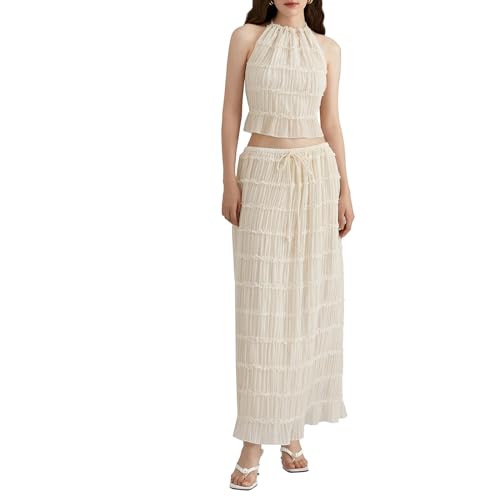 Argeousgor 2 Piece Maxi Skirt Set for Women Lace Up Back Tank Tops Tie Up High Waist Long Skirt Set