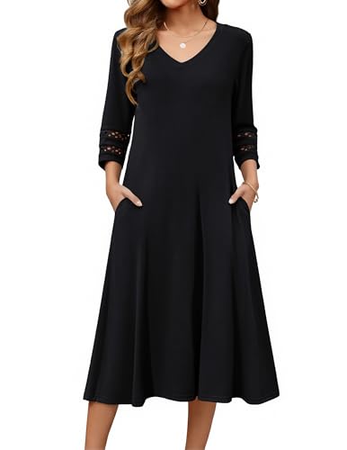 Zeagoo Women's Dresses 3/4 Sleeve Summer Casual V-Neck A Line Flowy Eyelet Midi Dress for Women Beach Vacation Sundress