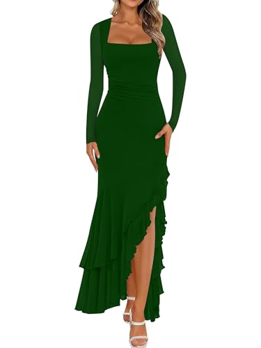 BORIFLORS Women's Bodycon Ruched Mesh Long Sleeve Maxi Dress Mermaid Ruffle Formal Cocktail Party Long Dresses