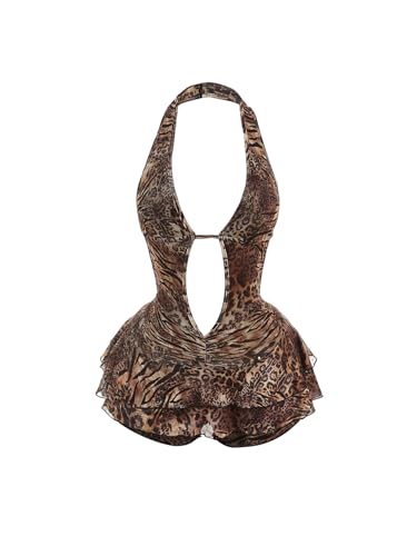 Verdusa Women's Y2K Leopard Print Halter Romper Backless Sleeveless Layered Ruffle One Piece Outfit