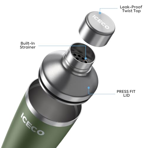 ICECO 20oz Cocktail Shaker, Stainless Steel Drink Shaker, Leakproof and Built-in Strainer, Travel cocktail kit with Barten...