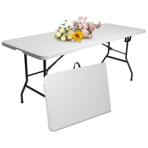 USEFULTEK 6 ft Foldable Plastic Table for Display, Camping, Party, Dining, Barbecue, Picnic with Carrying Handle - White