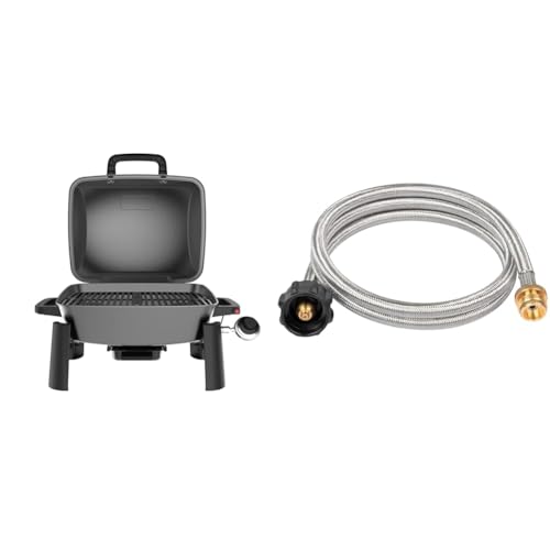 Nexgrill 10,000BTU 1-Burner Portable Propane Gas Grill Bundle with SHINESTAR Propane Adapter & Hose for Coleman Stoves, Bl...