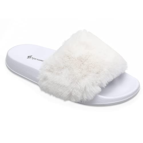 Spesoul Womens Fuzzy Slides Open Toe Furry Slide Slippers Indoor Outdoor Slides Sandals Casual Flat Fluffy House Slippers