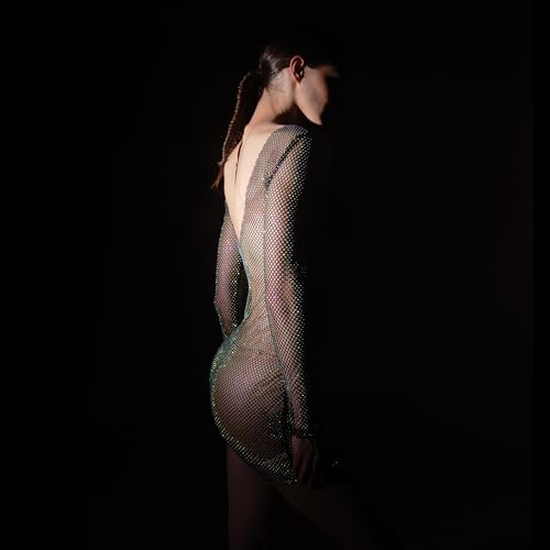 Cute and Spicy Women's Rhinestone Sheer Mesh Dress Long Sleeve Slim Fit V Back Party Clubwear Dress Run Small Order 1 Size UP