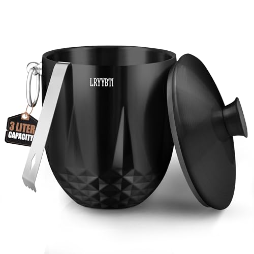 3L Ice Buckets for Parties and Cocktail Bar with Stainless Steel Lid,Tongs & Strainer(Black) Double-Wall Insulated Metal I...