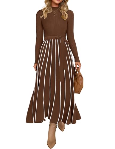 ZESICA Womens 2026 Spring Turtleneck Long Sleeve Sweater Dress Tie Waist Casual Loose Ribbed Knit A Line Midi Dresses