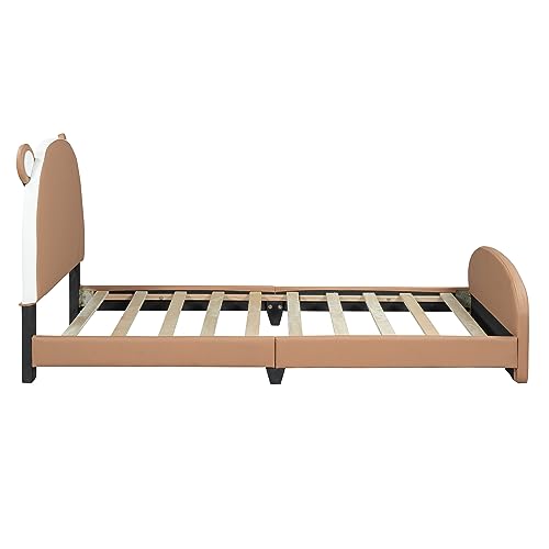SOFTSEA Twin Size Upholstered Platform Bed with Bear-Shaped Headboard and Footboard, Twin Size Bed Frame with Wooden Slats Support, Brown+White