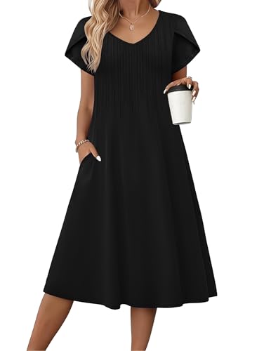 Zeagoo Women Midi Dresses for Summer 2026 Short Sleeve Casual Flowy Dress A Line Pleated V Neck Beach Sundress with Pockets