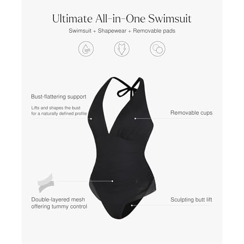 Popilush One Piece Swimsuit Women Tummy Cnotrol Halter V Neck Shapewear Swimsuits Bathing Suit Slimming Swimwear
