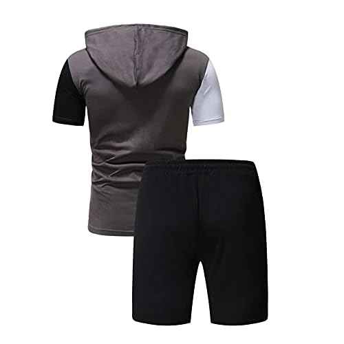 WDIRARA Men's Letter Print Colorblock Drawstring Hooded Tee and Biker Shorts Set