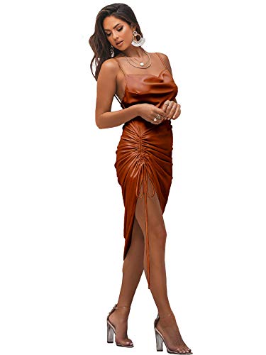 LYANER Women's Satin Spaghetti Straps Cowl Neck Sexy Ruch Cocktail Midi Dresses