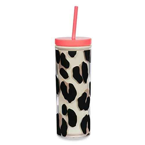 kate spade new york Insulated Tumbler with Reusable Straw, Leopard Print 24 Ounce Acrylic Travel Cup with Lid, Forest Feline