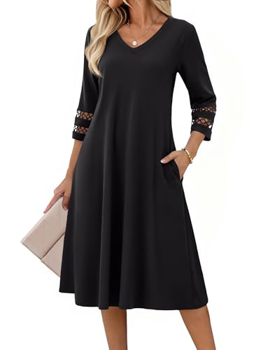 Zeagoo Women's Dresses 3/4 Sleeve Summer Casual V-Neck A Line Flowy Eyelet Midi Dress for Women Beach Vacation Sundress
