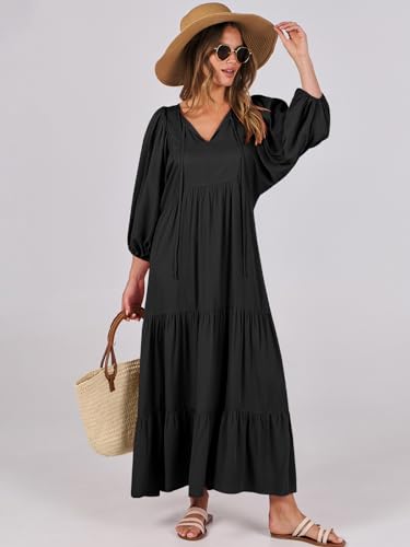 ANRABESS Womens Boho Maxi Dresses 2026 Summer V Neck Puff Sleeve Floral Flowy Swing Fall Casual Long Dress