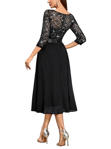 Miusol Women's Elegant V Neck Sequin Lace Sleeve Bridesmaid Party A-line Dress