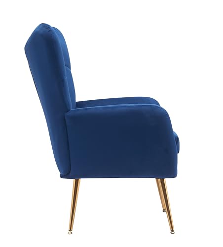 Container Furniture Direct Modern Chic Mid-Century Velvet Accent Armchair for Living Room, Bedroom, or Home Office, Button-Tufted Wingback Design with Gold Flared Legs, Navy Blue