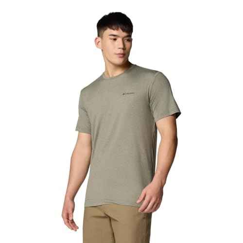 Columbia Men's Kwick Hike Back Graphic Short Sleeve Tee, Stone Green Heather/Linear View Multi, Medium