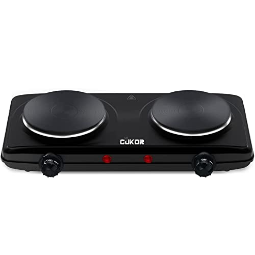 CUKOR Double Cast Iron 2 Burner, 1800W Countertop Burner, Dual Electric Stove Burners, Portable Double Burner for Cooking