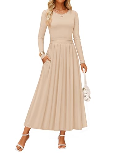 ZESICA Women's Elegant Long Sleeve Maxi Dress 2026 Fall Crewneck Knit High Wasit Pleated Flowy A Line Casual Party Dresses