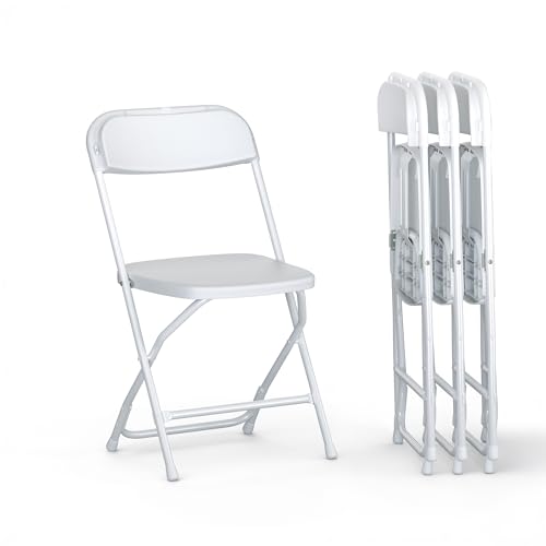 4 PACK White Foldable Plastic Chair | Folding & Stackable | 350 lbs Capacity Steel Frame Seats for Indoor Outdoor | Commer...