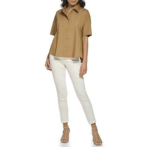 Calvin Klein Womens Poplin Hi Lo Short Sleeve Button Down Blouse