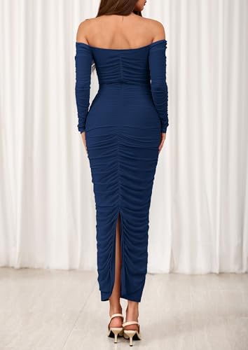 PRETTYGARDEN Womens 2026 Fall Long Sleeve Maxi Dress Off Shoulder Mesh Ruched Bodycon Trendy Long Wedding Guest Dresses