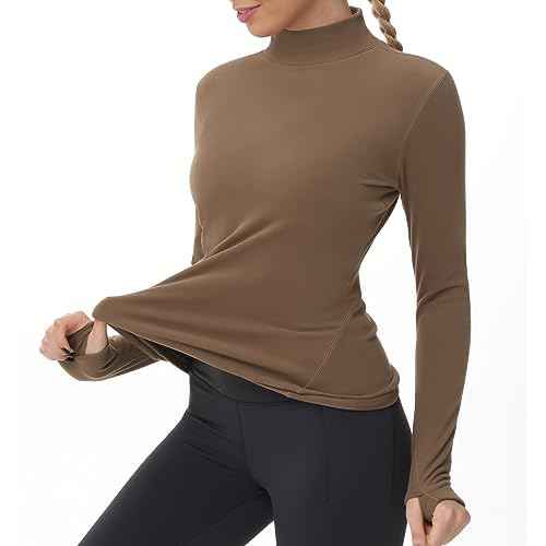 THE GYM PEOPLE Women's Mock Turtleneck Long Sleeve Shirts Fleece Thermal Underwear Pullover Tops with Thumb Hole