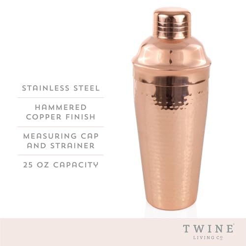 Twine Hammered Cocktail Shaker for Cold Brew Cocktails, Margarita, Whiskey Sour, Stainless Steel Martini Shaker with Strai...