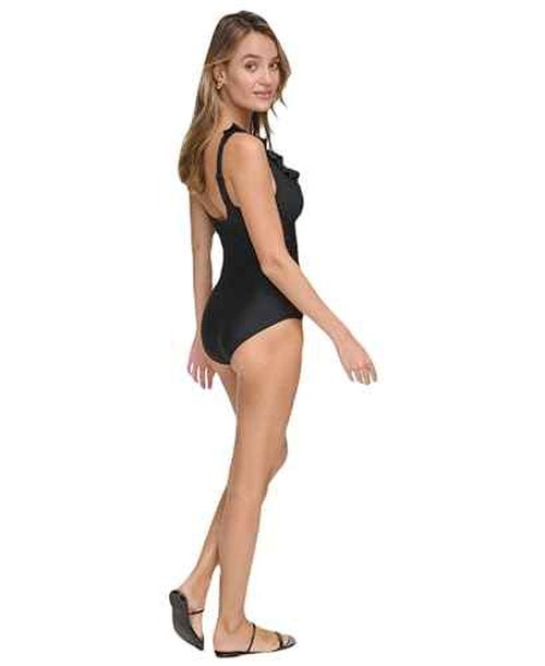 DKNY Women's Ruffle V-Neck One Piece Swimsuit with Tummy Control, Black, X-Small