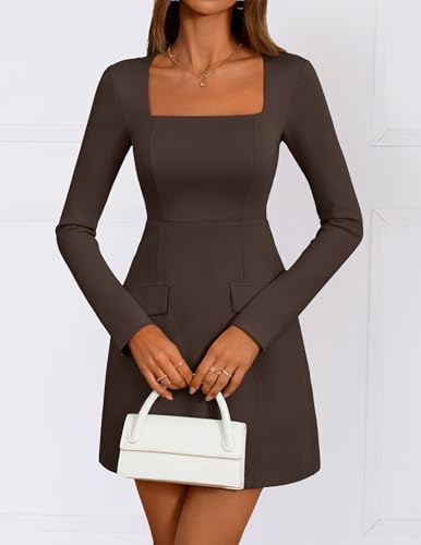 ZESICA Women's 2026 Fall Long Sleeve Bodycon Mini Dress Casual Square Neck Slim Fit Cocktail Party Short Dresses