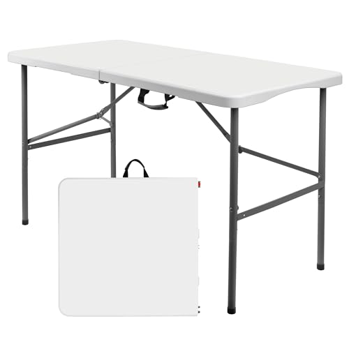 WGCTEK 4 ft Plastic Folding Table with Carrying Handle, Straight Legs for Camping, Wedding, Kitchen, Beach - White