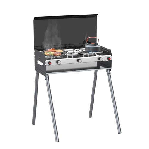 CAMPLUX 2 Burners & 1 Grill Propane Camping Stove, 15,000 BTU Portable Outdoor Propane Camping Grill Burner with Free Stan...