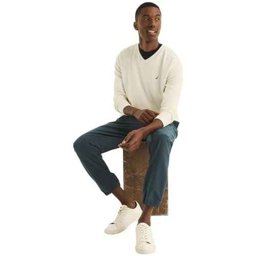 NAUTICA Men's Classic Fit Soft Lightweight Jersey V-Neck Sweater, Marshmallow, M