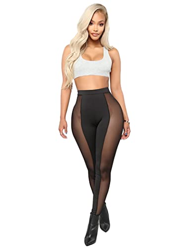 Atyfuniby Womens Leggings High Waisted - Sexy Skinny Mesh See Through Pants Party Clubwear