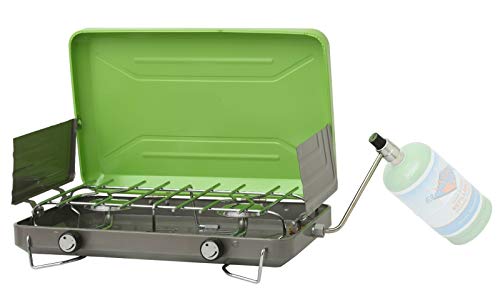 Flame King 2-Burner Camp Stove and (2) 1LB Refillable Propane Tanks for Outdoor Cooking, Backpacking, Hiking