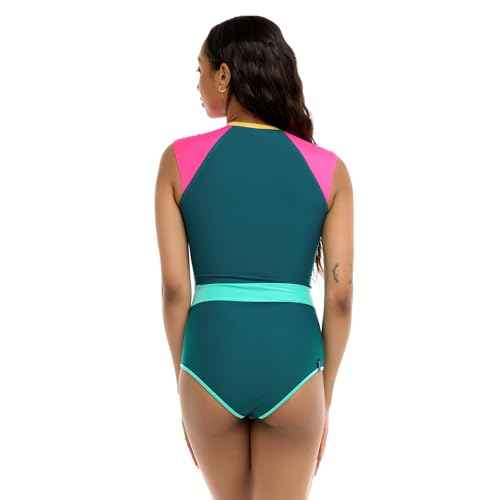 Body Glove Women's Standard Stand Up Zip Front Paddle One Piece Swimsuit with UPF 50+, Kingfisher Colorblock