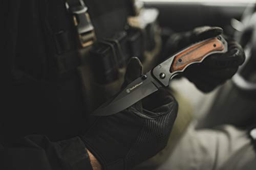 Smith & Wesson 8.5in S.S. Folding Knife with 3.7in Drop Point Blade and S.S. and Real Wood Insert Handle for Outdoor