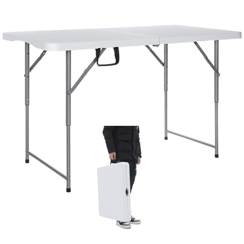 Lakhow Folding Table 4-Foot Heavy Duty Plastic Utility Table Portable Thick Table Top Indoor Outdoor Adjustable Height wit...