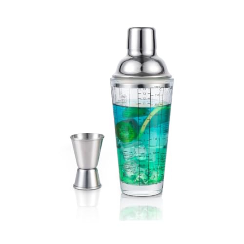 Ailelan Glass Cocktail Shaker with Strainer, 14oz Martini Shaker with 6 Recipes On Side, Clear Drink Shaker Bottle with Me...