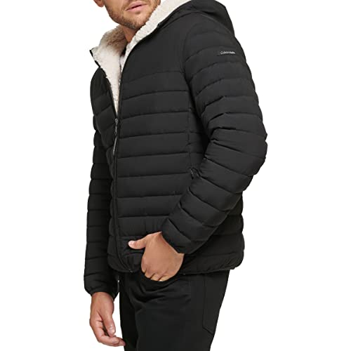 Calvin Klein Men's Lightweight Packable Down Jacket With Fleece Bib and Removable Hood