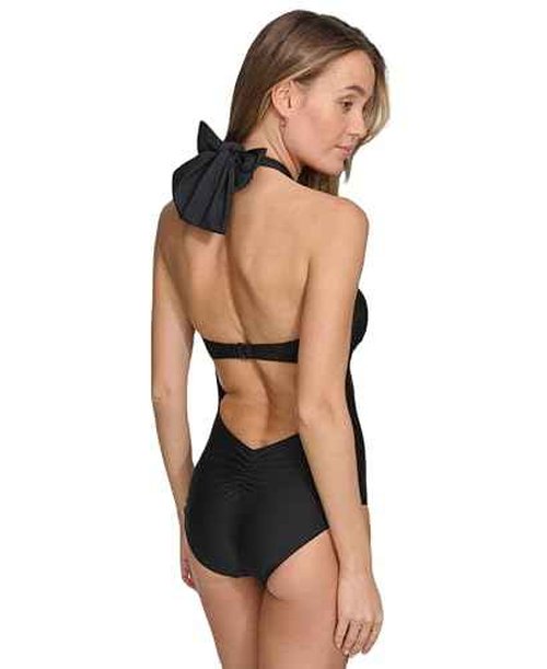 DKNY Women's Ring Halter Neck One Piece Swimsuit with Tummy Control, Black, Medium