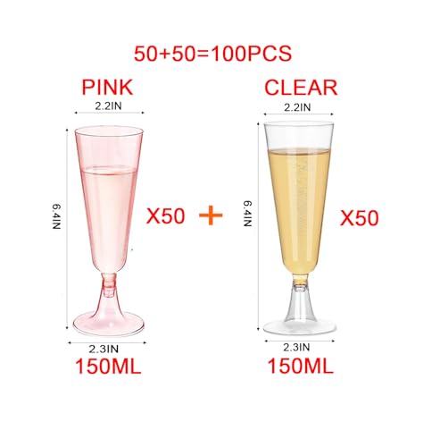 shanmeshan Champagne Flutes Plastic,100 Pack Wine Glasses,Disposable Champagne Glasses,5 Oz Clear and Pink Shot Cups,Chris...