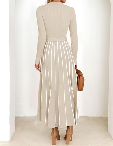 ZESICA Womens 2026 Spring Turtleneck Long Sleeve Sweater Dress Tie Waist Casual Loose Ribbed Knit A Line Midi Dresses