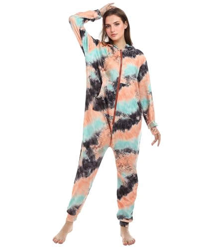 Kgromfy Tie Dye Jumpsuits Womens Onesie Pajamas Hooded Homewear Nightwear Sleepwear Party Costumes