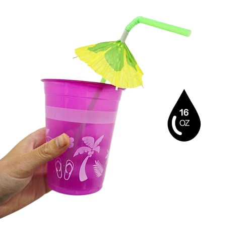 4E's Novelty 48 Packs Tropical Party Cups with Parasol Straws - Disposable Plastic Cups 16oz BPA free, for Hawaiian Luau P...