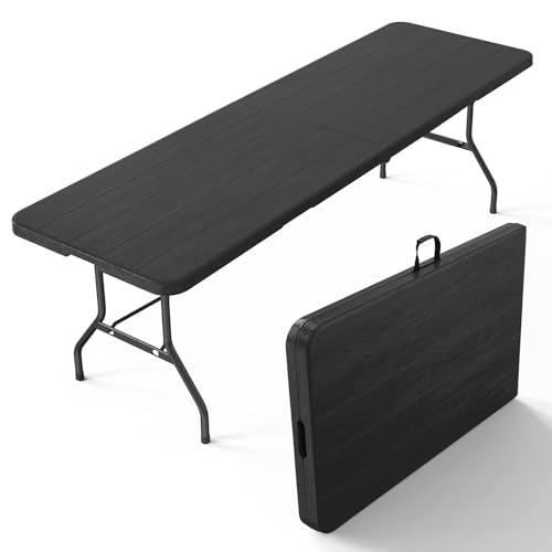 VINGLI 8 Foot Plastic Folding Table Portable Long Table for Indoor Outdoor Use Rectangular with Carrying Handle, Black